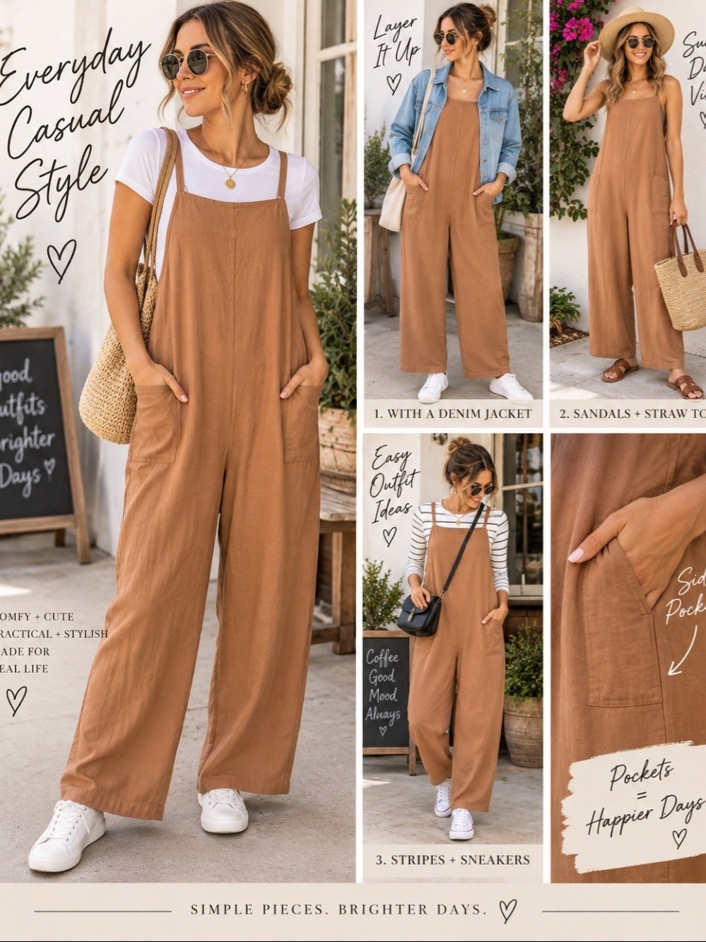 **Everyday Wide-Leg Jumpsuit in Camel Brown Waist 24 Inseam 24"